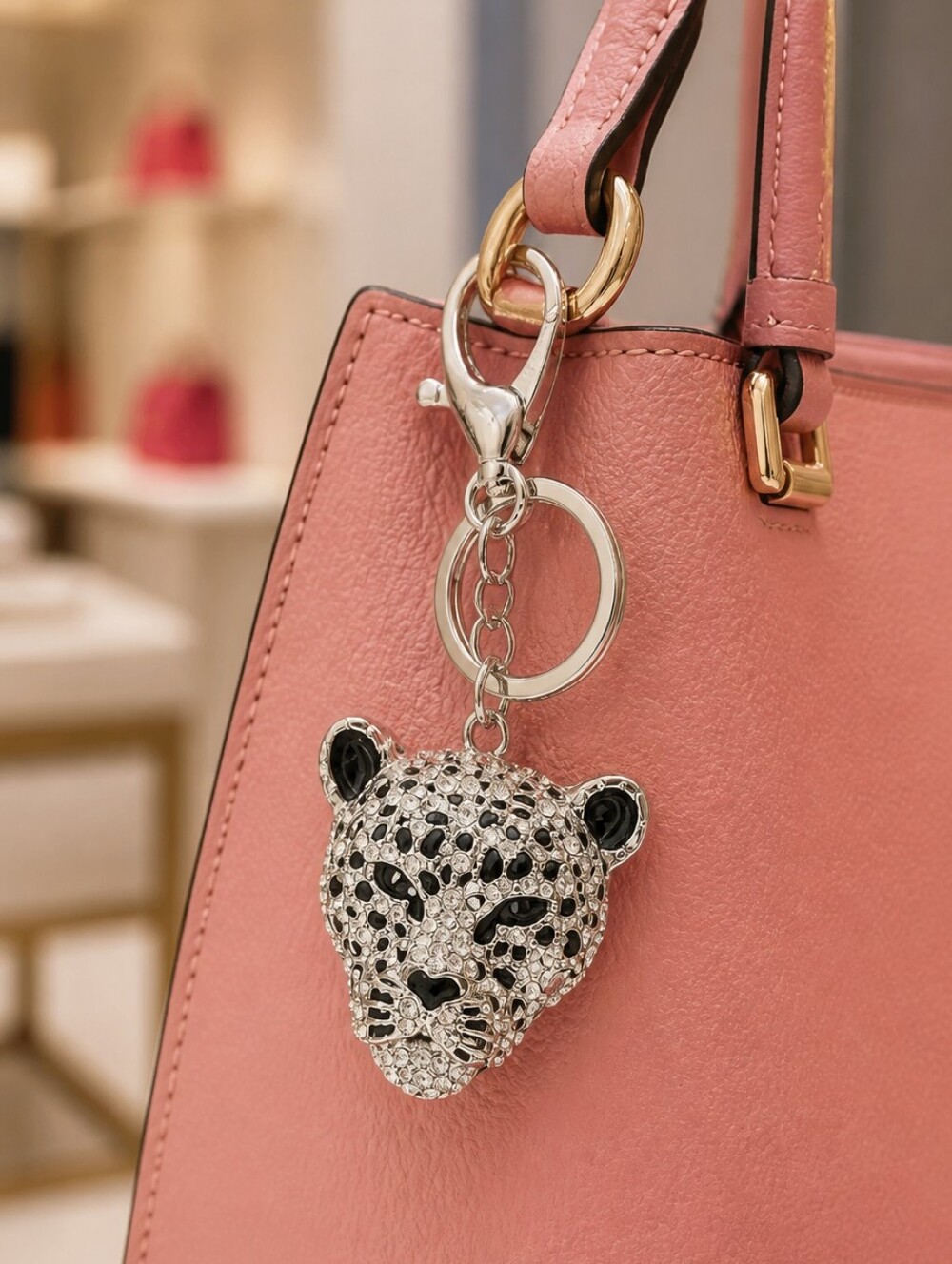 Silver Leopard Head Rhinestone Bag Charm Keychain Black Crystal Animal Keyring